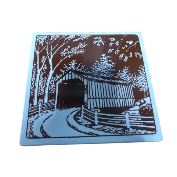 Vintage Ceramic Trivet With Brown White Covered Bridge Design Woods Outside Art - Picture 5 of 5